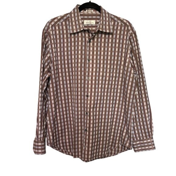 Bugatchi Uomo Mens Large Brown Checkered Long Sleeve Button-Up Shirt Shaped Fit - Picture 1 of 9